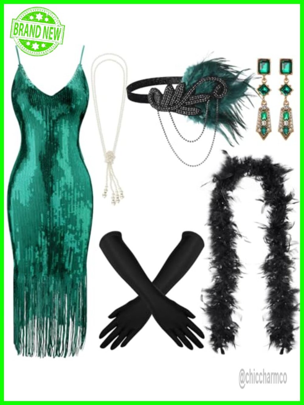 1920s Flapper Sequin Dress Costume Set Earrings Necklace Gloves Boa